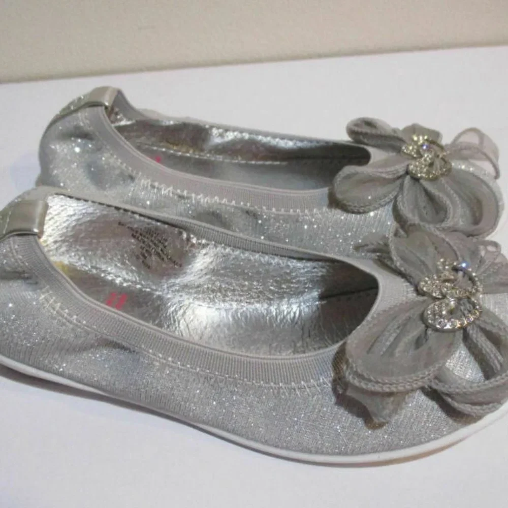 Lelli Kelly Silver Sparkly Tween‎ Girls Shoes Flats 36/5US NEW Crossed Hearts